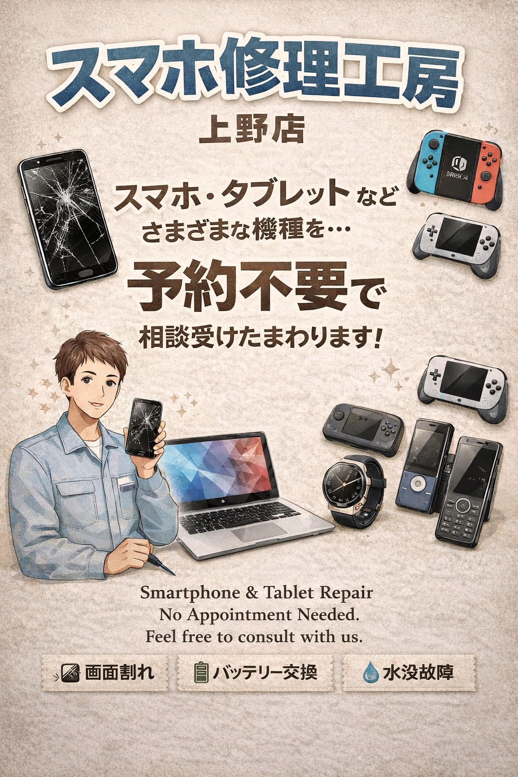 iPhone/Android/タブレット修理なら「スマホ修理工房　上野店」にぜひお任せください！！